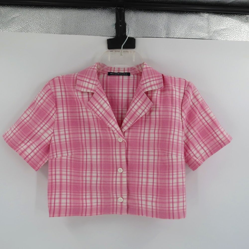 Brandy Melville Pink White Plaid Cropped Short Sleeve Button up Shirt Small